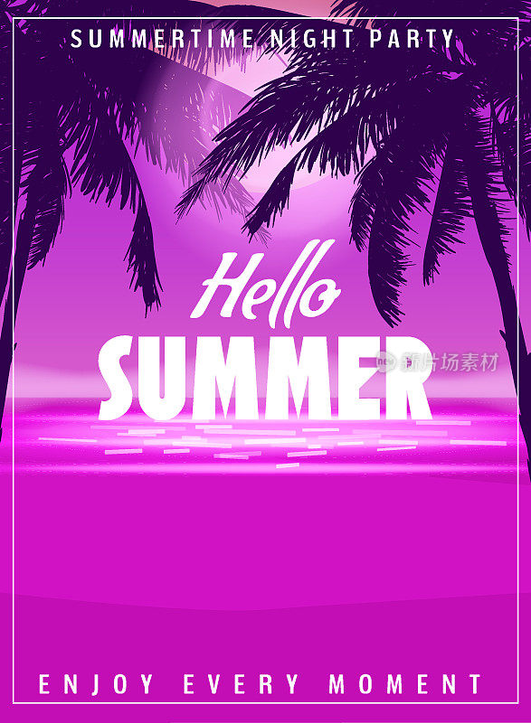 Hello Summer party背景与手掌，设计模板，传单。夏季的海报